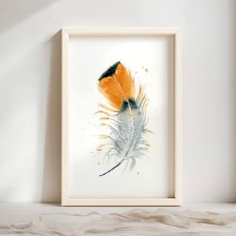 Image of a feather watercolor painting by Shayna Larsen, originals & prints available