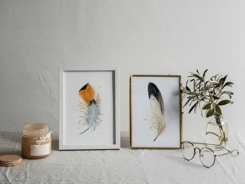 Image of a feather watercolor painting by Shayna Larsen, originals & prints available