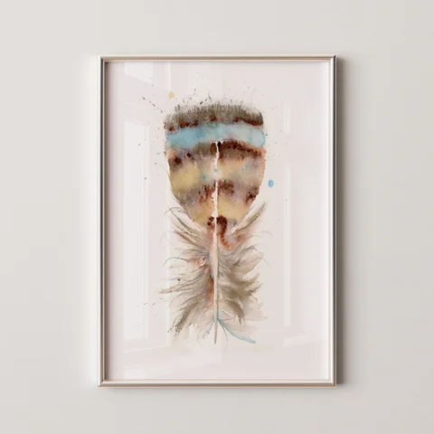 Image of a feather watercolor painting by Shayna Larsen, originals & prints available