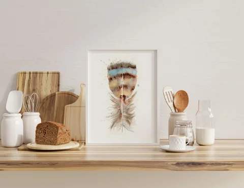 Image of a feather watercolor painting by Shayna Larsen, originals & prints available