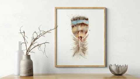 Image of a feather watercolor painting by Shayna Larsen, originals & prints available