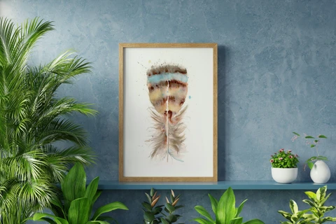 Image of a feather watercolor painting by Shayna Larsen, originals & prints available