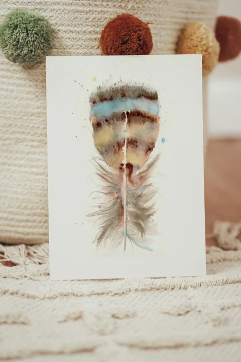 Image of a feather watercolor painting by Shayna Larsen, originals & prints available