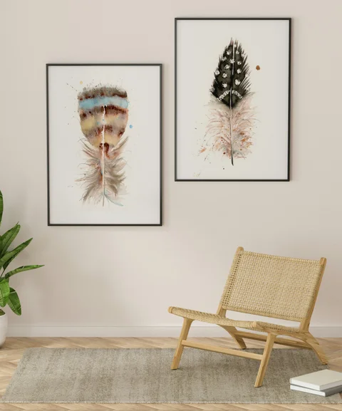Image of a feather watercolor painting by Shayna Larsen, originals & prints available