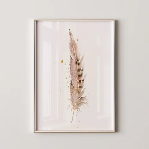 Image of a feather watercolor painting by Shayna Larsen, originals & prints available