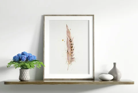 Image of a feather watercolor painting by Shayna Larsen, originals & prints available