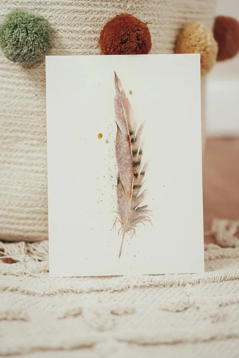 Image of a feather watercolor painting by Shayna Larsen, originals & prints available