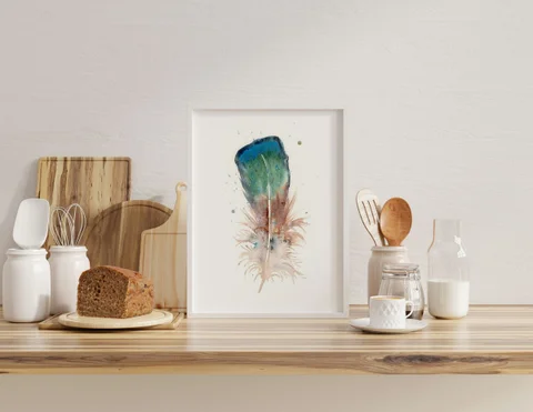 Image of a feather watercolor painting by Shayna Larsen, originals & prints available