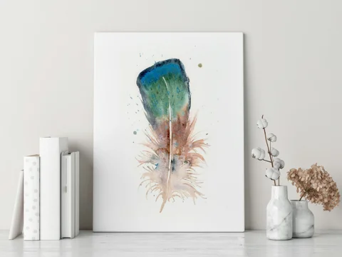 Image of a feather watercolor painting by Shayna Larsen, originals & prints available