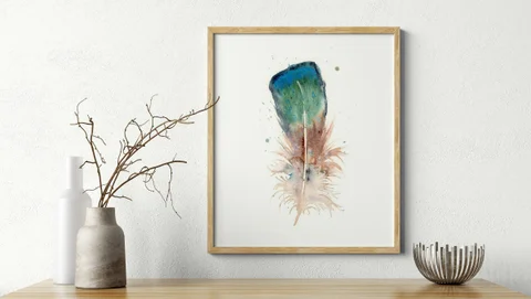 Image of a feather watercolor painting by Shayna Larsen, originals & prints available