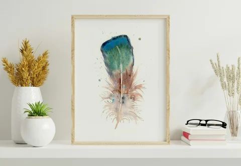 Image of a feather watercolor painting by Shayna Larsen, originals & prints available
