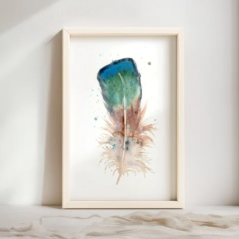 Image of a feather watercolor painting by Shayna Larsen, originals & prints available