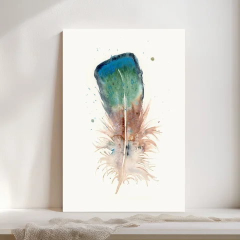 Image of a feather watercolor painting by Shayna Larsen, originals & prints available