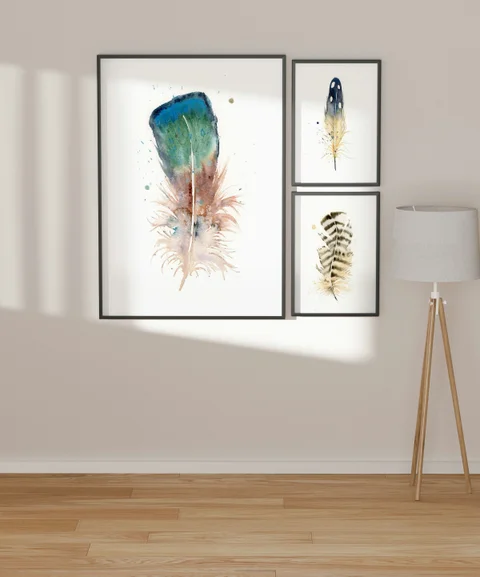 Image of a feather watercolor painting by Shayna Larsen, originals & prints available