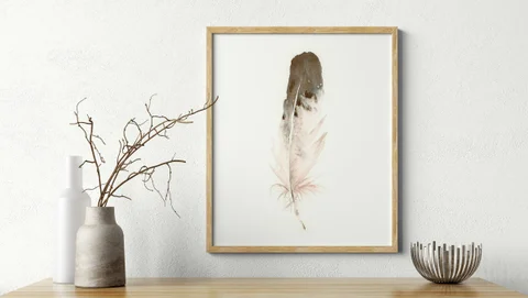 Image of a feather watercolor painting by Shayna Larsen, originals & prints available