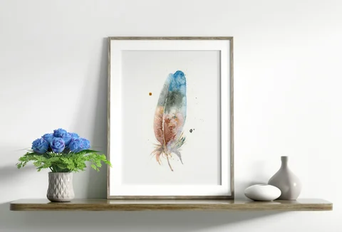 Image of a feather watercolor painting by Shayna Larsen, originals & prints available