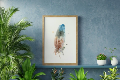 Image of a feather watercolor painting by Shayna Larsen, originals & prints available