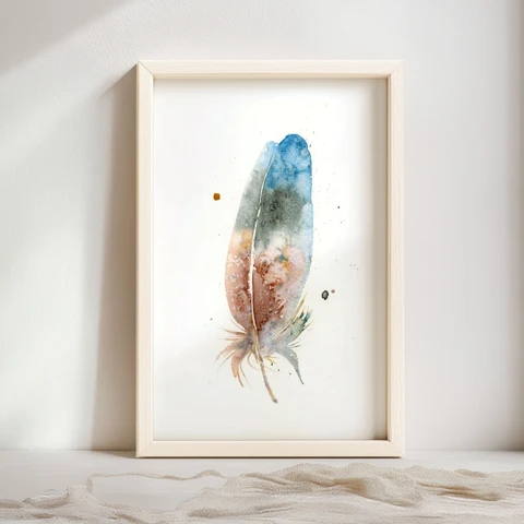 Image of a feather watercolor painting by Shayna Larsen, originals & prints available