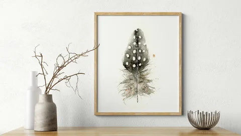 Image of a feather watercolor painting by Shayna Larsen, originals & prints available