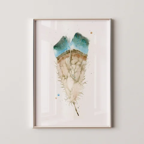 Image of a feather watercolor painting by Shayna Larsen, originals & prints available