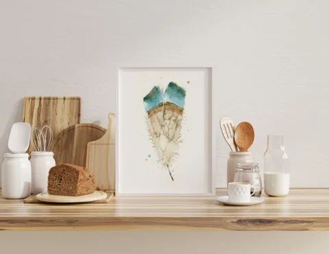 Image of a feather watercolor painting by Shayna Larsen, originals & prints available