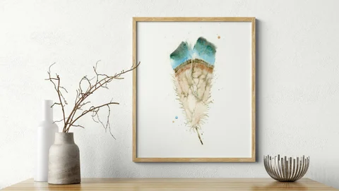 Image of a feather watercolor painting by Shayna Larsen, originals & prints available