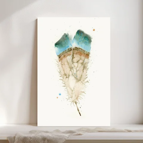 Image of a feather watercolor painting by Shayna Larsen, originals & prints available