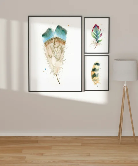 Image of a feather watercolor painting by Shayna Larsen, originals & prints available