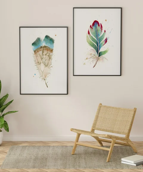 Image of a feather watercolor painting by Shayna Larsen, originals & prints available