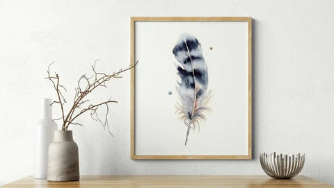 Image of a feather watercolor painting by Shayna Larsen, originals & prints available