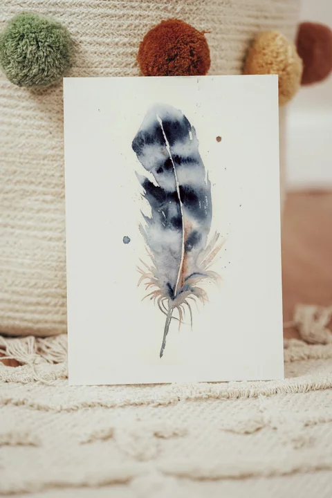Image of a feather watercolor painting by Shayna Larsen, originals & prints available