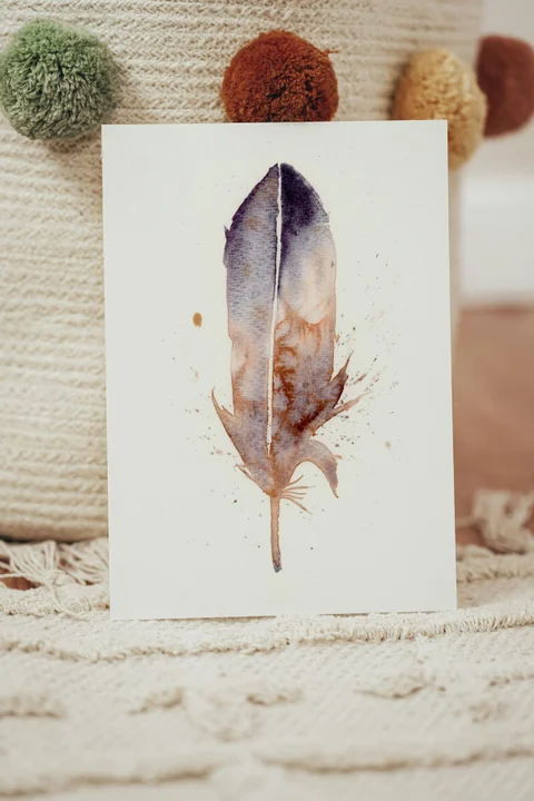Image of a feather watercolor painting by Shayna Larsen, originals & prints available