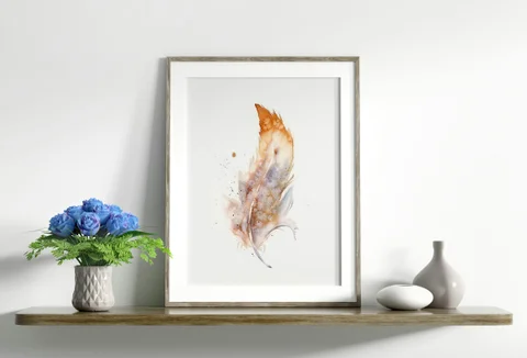 Image of a feather watercolor painting by Shayna Larsen, originals & prints available