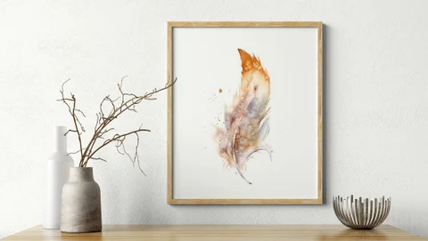Image of a feather watercolor painting by Shayna Larsen, originals & prints available