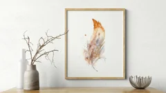 Image of a feather watercolor painting by Shayna Larsen, originals & prints available
