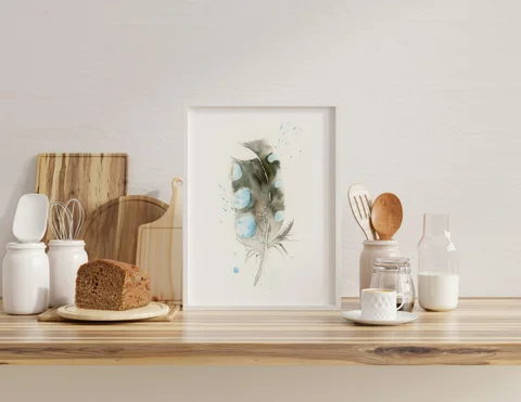 Image of a feather watercolor painting by Shayna Larsen, originals & prints available