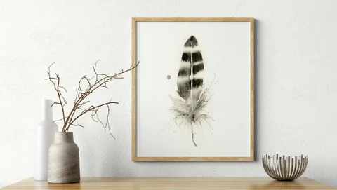 Image of a feather watercolor painting by Shayna Larsen, originals & prints available