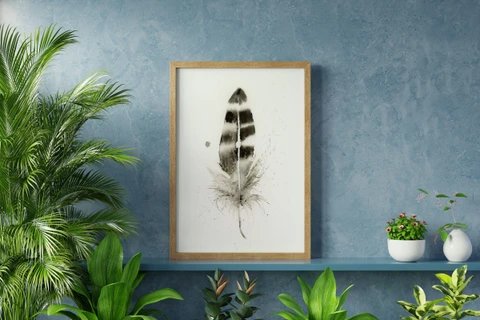 Image of a feather watercolor painting by Shayna Larsen, originals & prints available