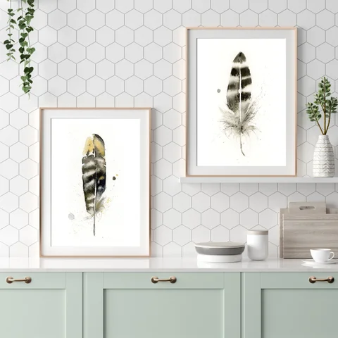 Image of a feather watercolor painting by Shayna Larsen, originals & prints available