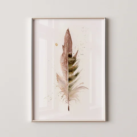 Image of a feather watercolor painting by Shayna Larsen, originals & prints available