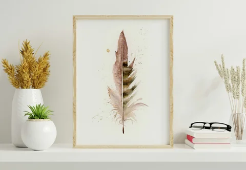 Image of a feather watercolor painting by Shayna Larsen, originals & prints available