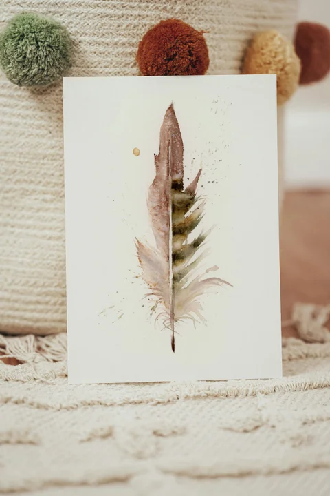 Image of a feather watercolor painting by Shayna Larsen, originals & prints available
