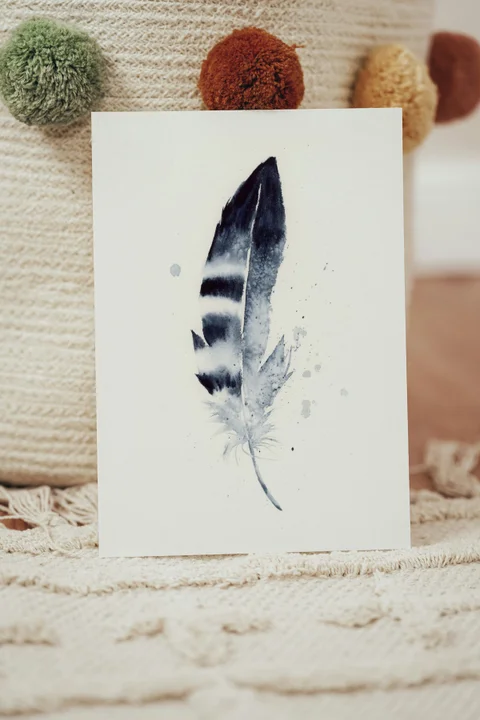 Image of a feather watercolor painting by Shayna Larsen, originals & prints available