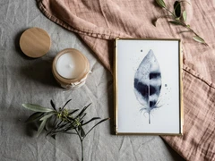 Image of a feather watercolor painting by Shayna Larsen, originals & prints available