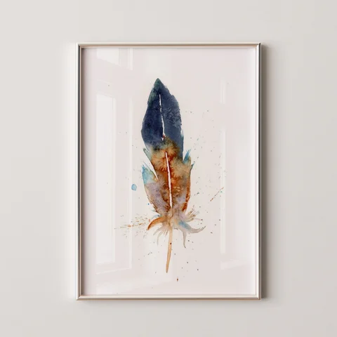 Image of a feather watercolor painting by Shayna Larsen, originals & prints available