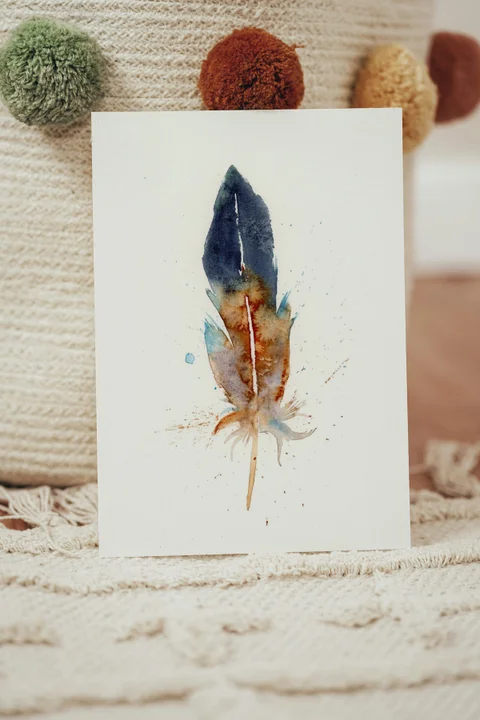 Image of a feather watercolor painting by Shayna Larsen, originals & prints available