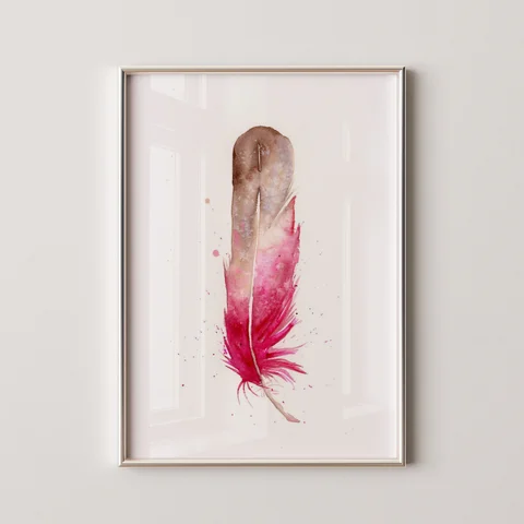Image of a feather watercolor painting by Shayna Larsen, originals & prints available