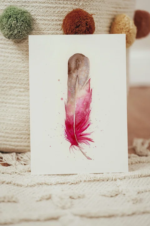 Image of a feather watercolor painting by Shayna Larsen, originals & prints available