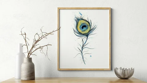 Image of a feather watercolor painting by Shayna Larsen, originals & prints available