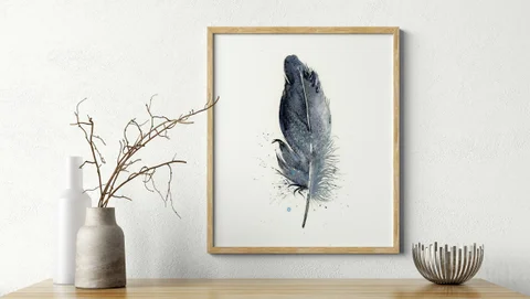 Image of a feather watercolor painting by Shayna Larsen, originals & prints available